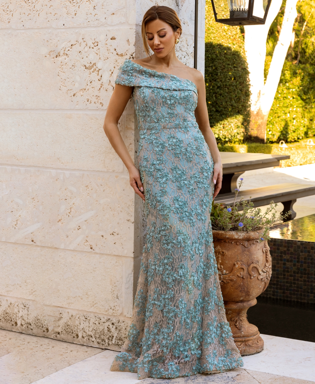 Xscape Women's Asymmetric-Neck Side-Slit Gown