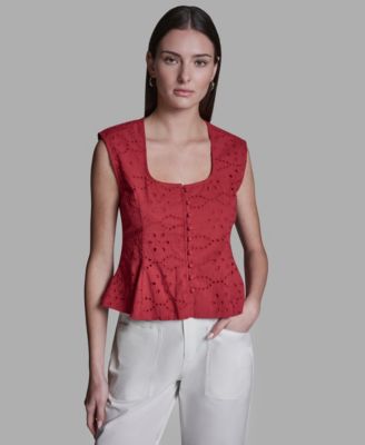 Women's Eyelet Detail Sleeveless Square Neck Peplum Top