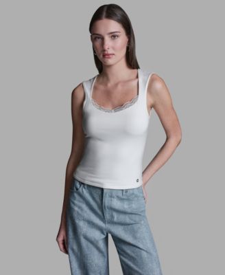 Women's Cap-Sleeve Lace Trim Detail Scallop Neck Camisole Top