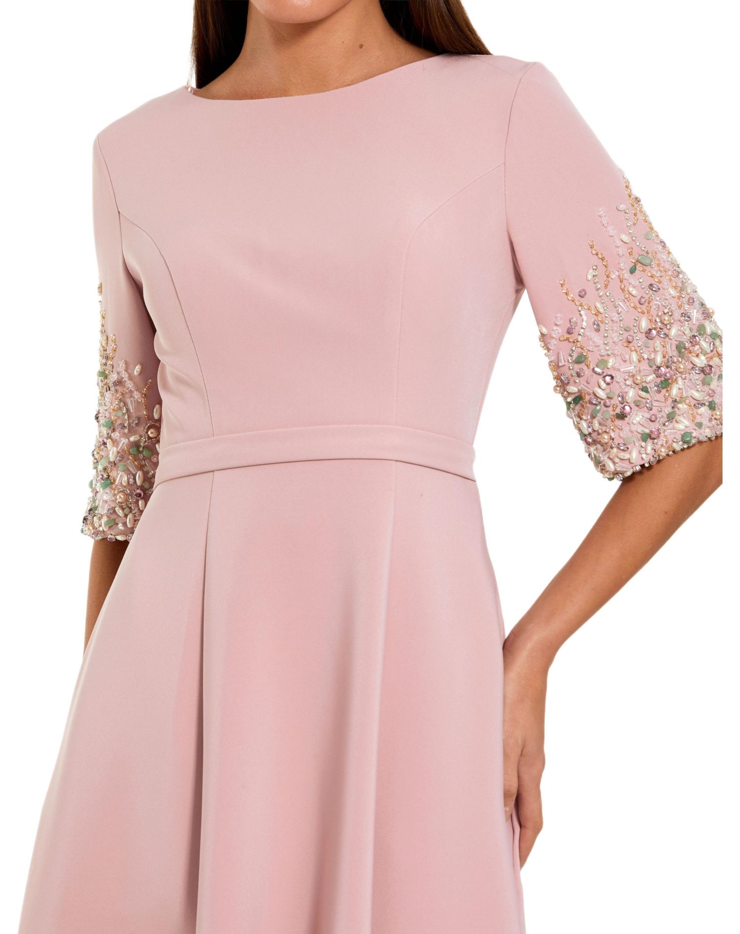 Women's 3/4 Sleeve Crepe Gown With Sleeve Embellishments