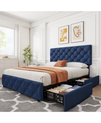 Full Size Bed Frame with 4 Storage Drawers and Adjustable Headboard, Linen Upholstered Platform Beds