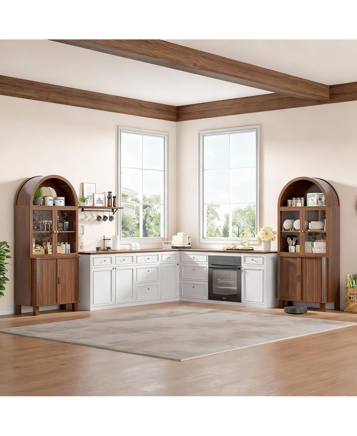 Yigii Arched Kitchen Pantry Cabinet with Adjustable Shelves and Tempered Glass Doors