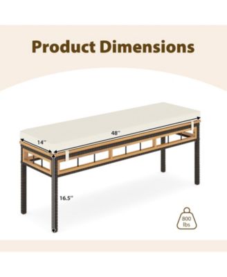 48'' Wicker Patio Bench w/Acacia Wood Seat Removable Padded Cushion for Garden Outdoor