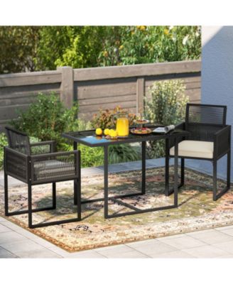 3PCS Patio PE Wicker Furniture Set Cushioned Chairs w/Folding Backrest Backyard