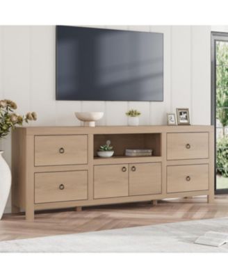 Farmhouse TV Stand for 75/80 Inch TVs, 70" Long Entertainment Center with 6 Storage Drawer & Soundbar Shelf, Television Consoles Stands