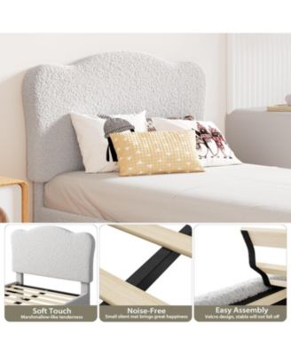 Upholstered Twin Size Bed Frame for Kids with Scallop Headboard, Cute Velvet Twin Bed for Girls, Boys, Sturdy Platform Bed, Noise Free