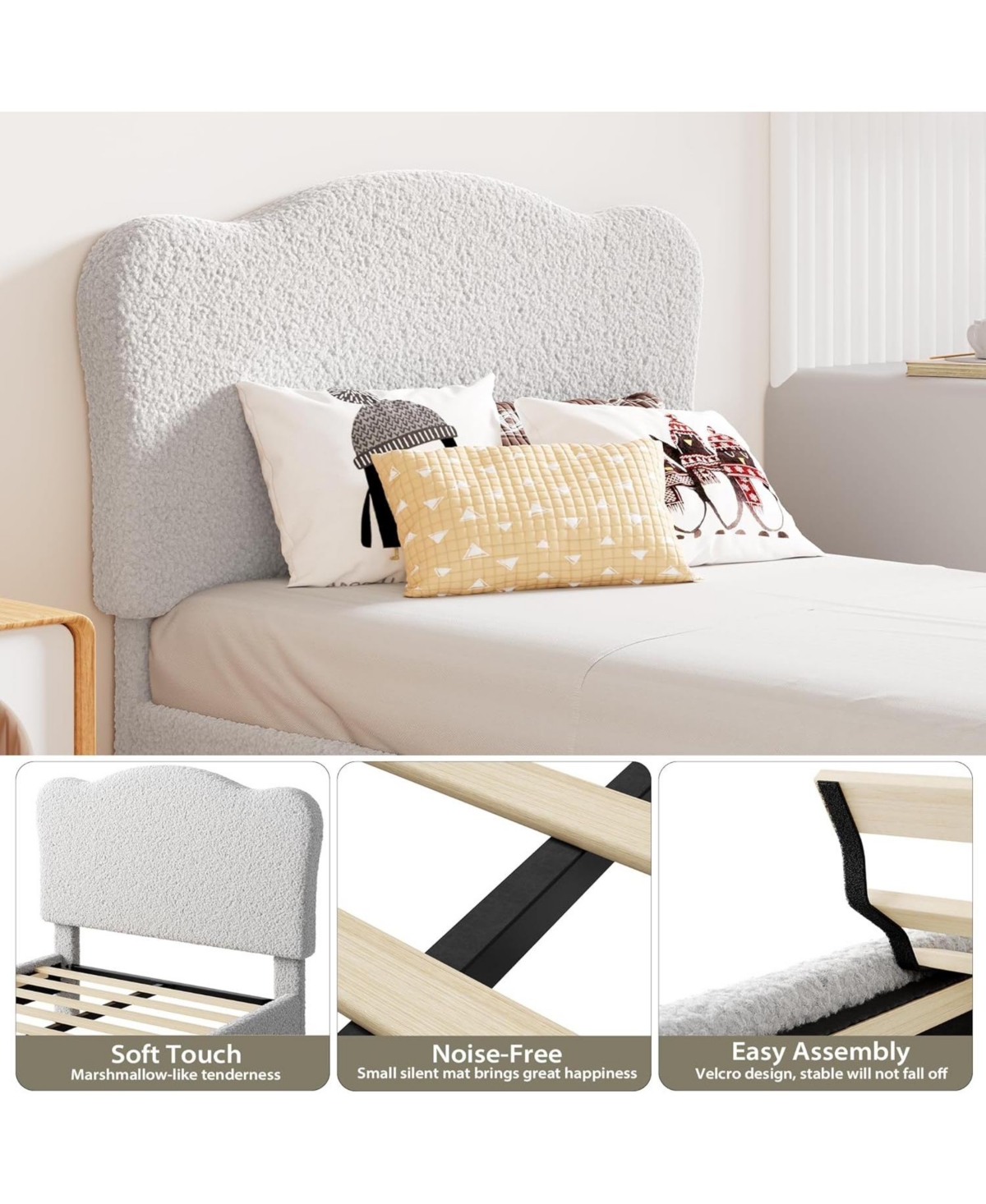 gaomon Upholstered Twin Size Bed Frame for Kids with Scallop Headboard, Cute Velvet Twin Bed for Girls, Boys, Sturdy Platform Bed