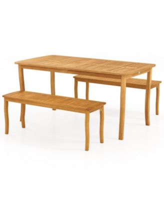 3 Pieces Outdoor Dining Set for 4 People Patio Acacia Wood Table & Bench Set