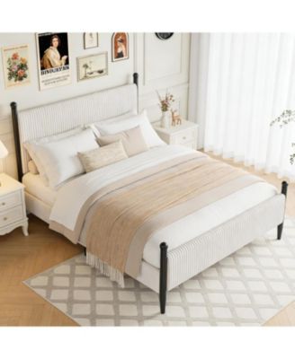 Queen Upholstered Bed Frame with Velvet Headboard, Corduroy Platform, Wood Slats, White