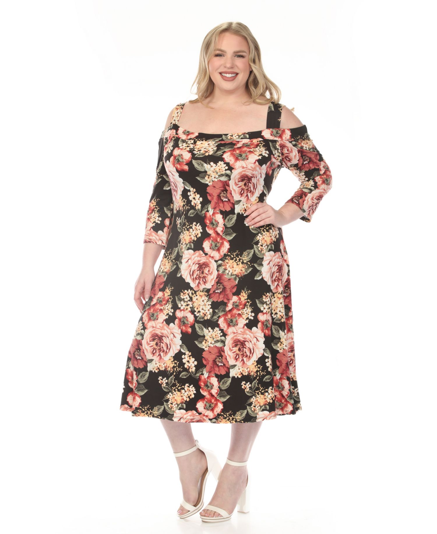 Plus Size Cold Shoulder 3/4 Sleeve Dress