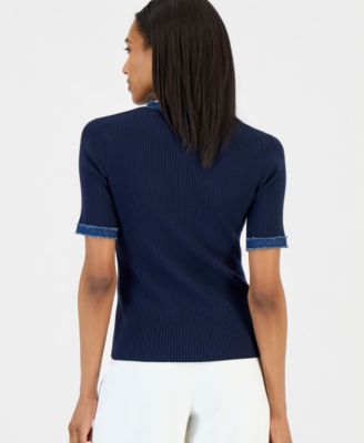 Women's Denim-Trim Ribbed Short-Sleeve Top