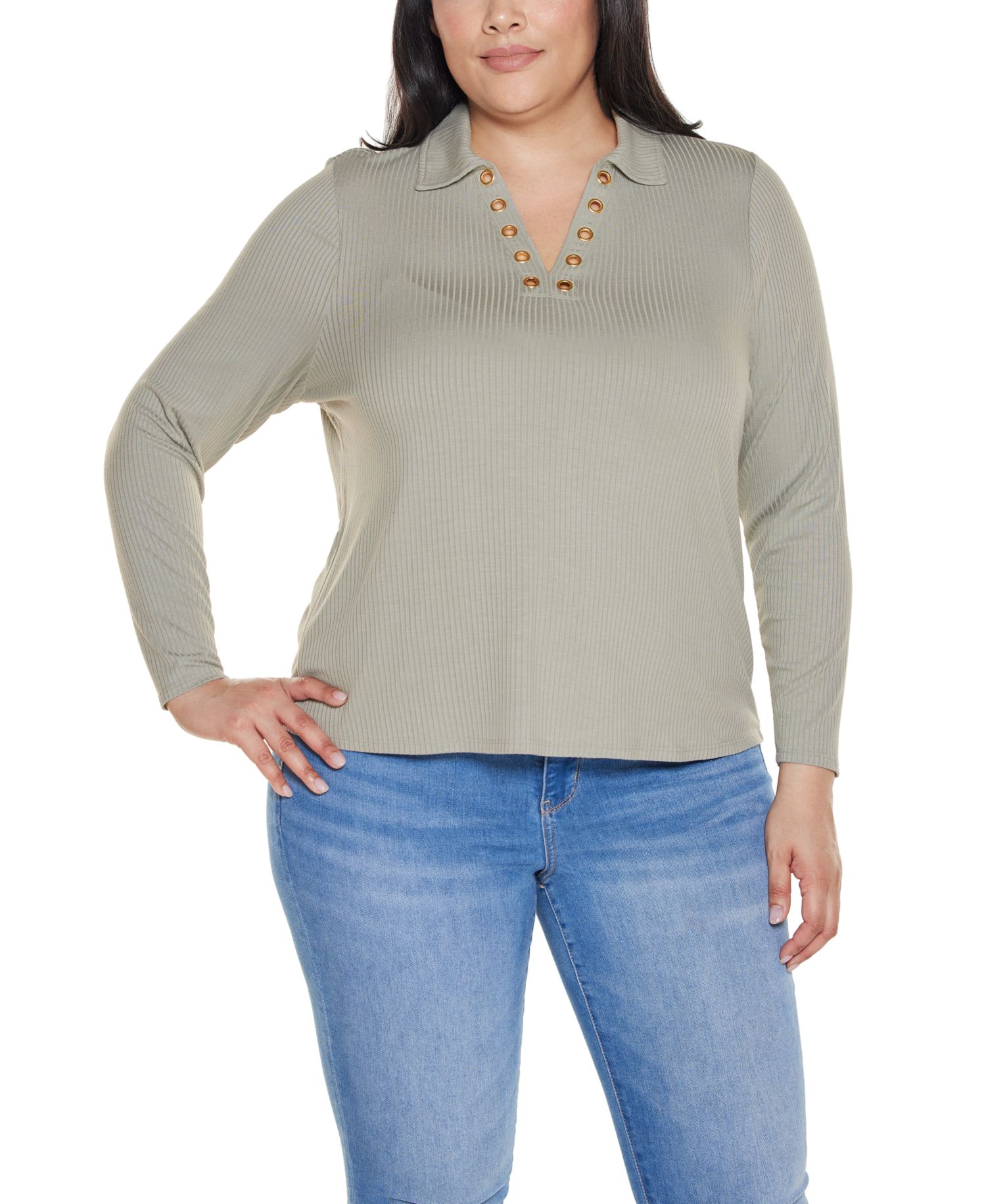 Plus Grommet-Trim Split-V Knit Top