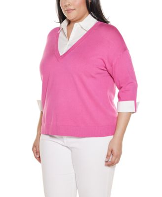 Plus Size Woven-Collar Twofer Sweater