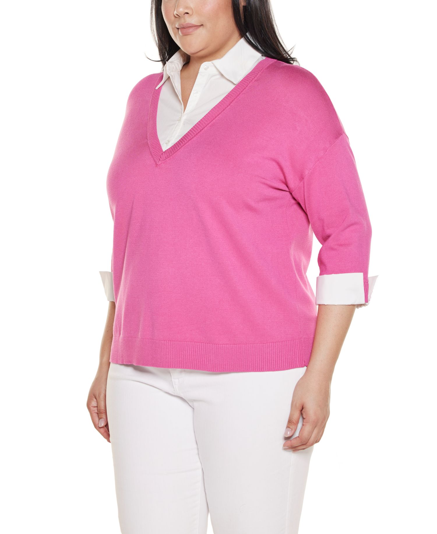 Plus Size Woven-Collar Twofer Sweater