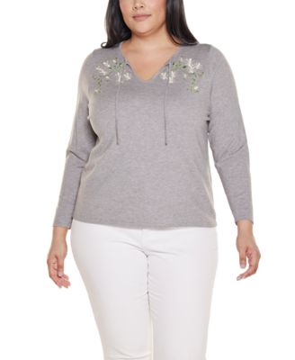 Plus Size Embroidered-Flower Split-Neck Sweater