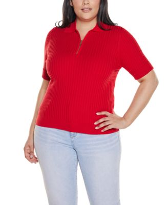 Plus Size Collared Quarter-Zip Ribbed-Knit Sweater