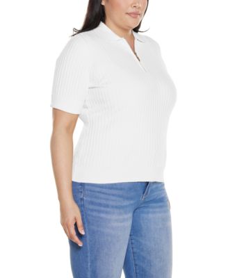 Plus Size Collared Quarter-Zip Ribbed-Knit Sweater