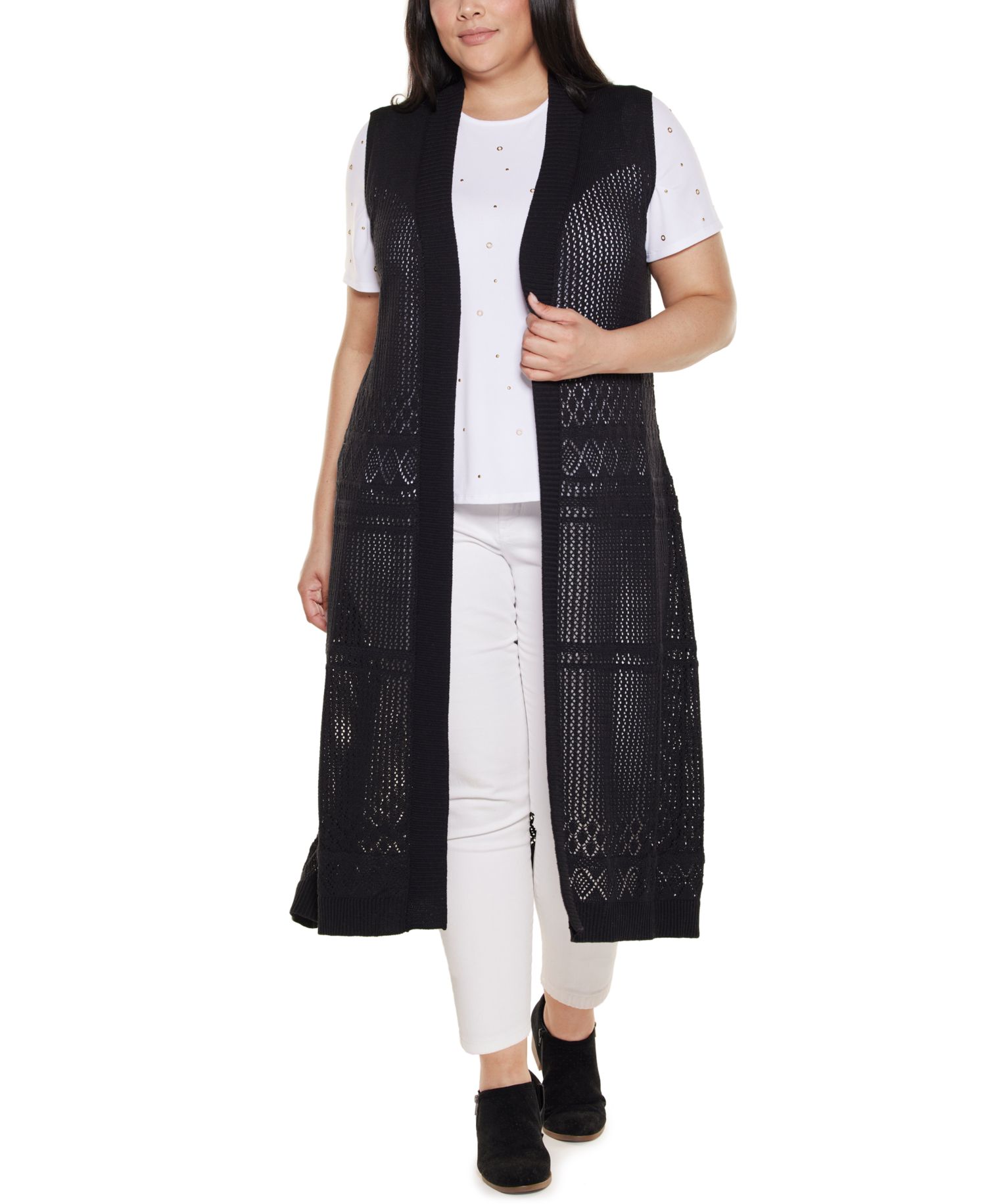 Plus Size Pointelle Sleeveless Duster Cardigan