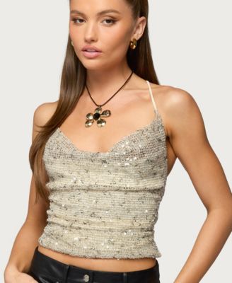 Women's Sequin Crisscross Cowl Neck Top