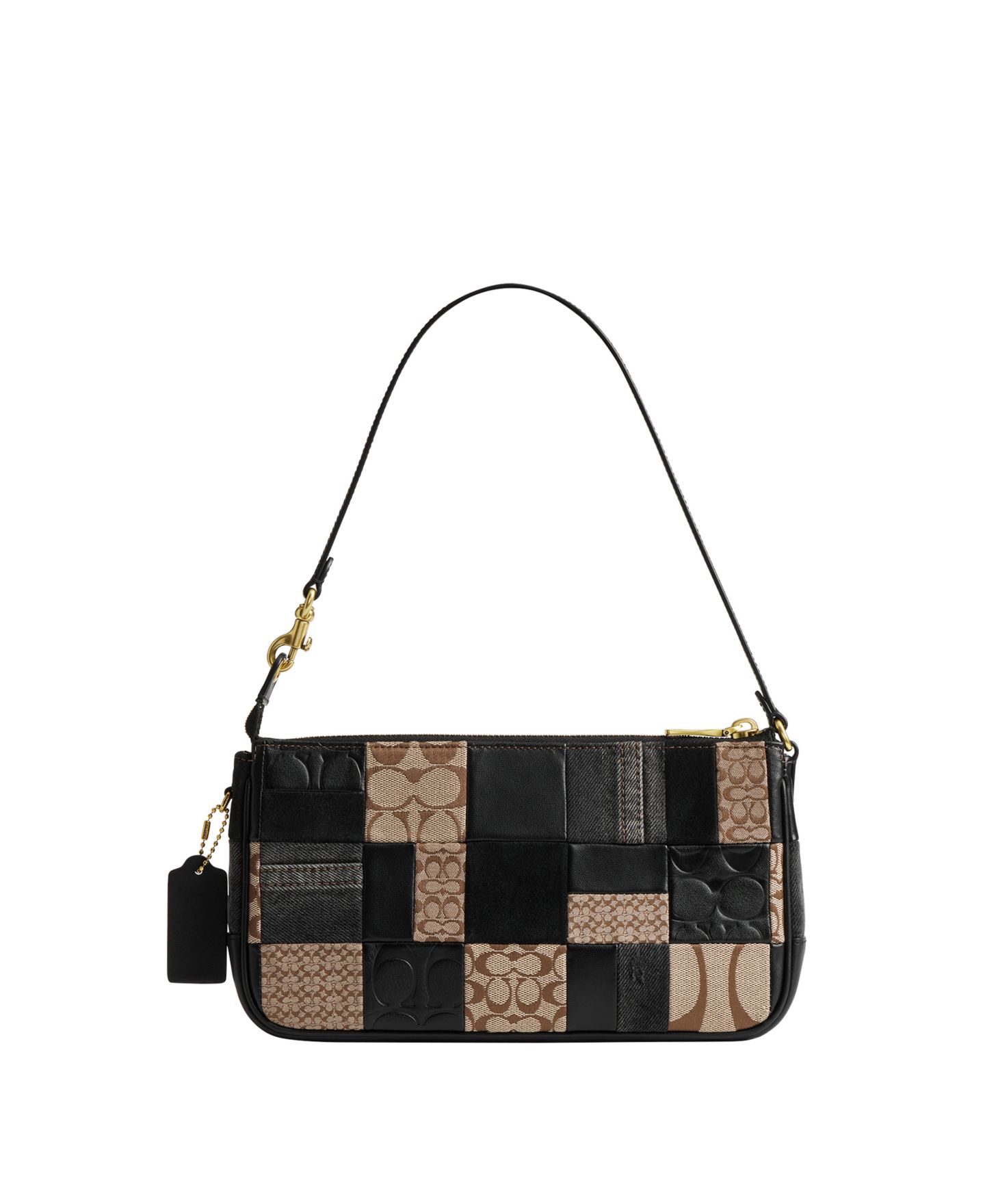 Женская сумка COACH Plaza Medium Patchwork Signature Jacquard Slim Shoulder Bag 25, цвет: Латунный / Чёрный разноцветный — фото 3