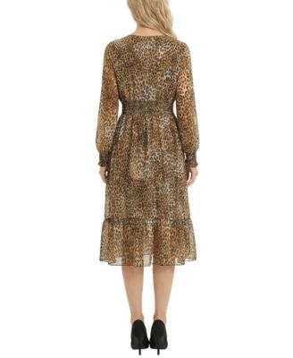 Petite Long-Sleeve Clip Dot Chiffon Dress With Smocked Waist and Cuffs