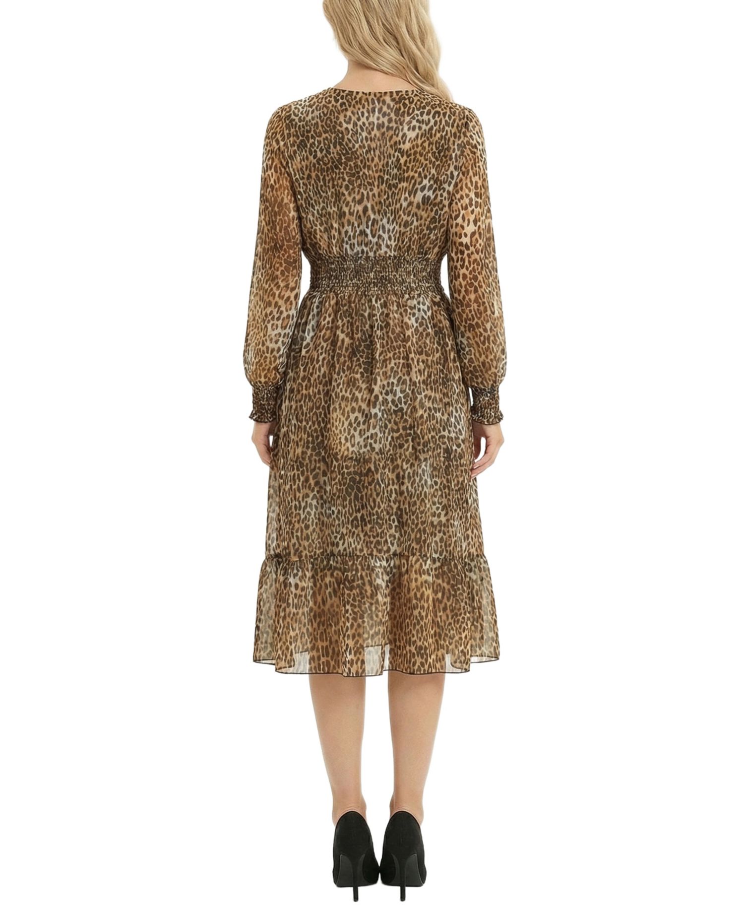 Petite Long-Sleeve Clip Dot Chiffon Dress With Smocked Waist and Cuffs