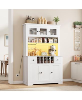 68.7 " Pantry Cabinet with LED Light and Charging Station, Kitchen Pantry Storage Cabinet with Countertop