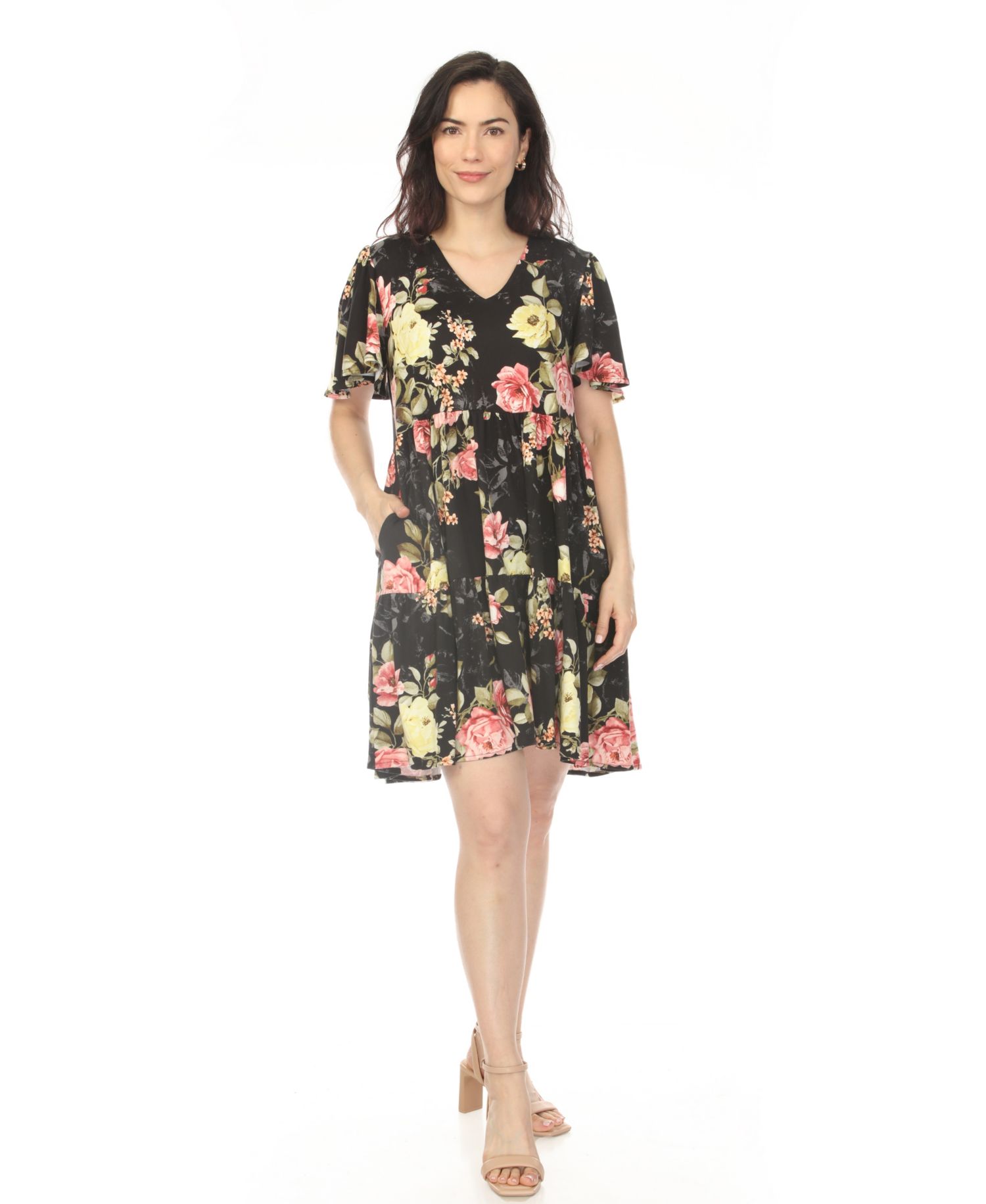 Plus Size V-Neck Tropical Flower Short-Sleeve Dress