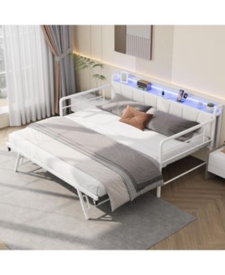 Twin Daybed with Trundle & LED Light, Metal Frame, Linen Headboard, USB Charging for Guest Room