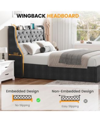 2Pcs Set Upholstered Queen Size Bed Frame with 4 Storage Drawers & Wingback Headboard, USB/Type-C Charging Station, Tufted Design