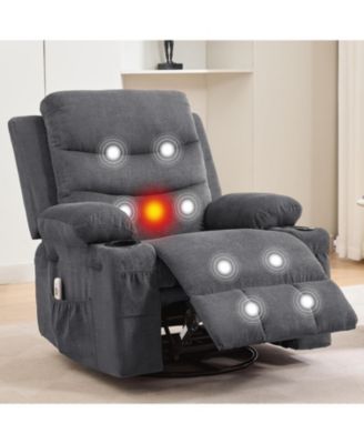 Recliner Chair Nursery, Oversized Manual Reclining Rocking Chair, 360 Swivel Glider with Cup Holder, Massage and Heat Recliner