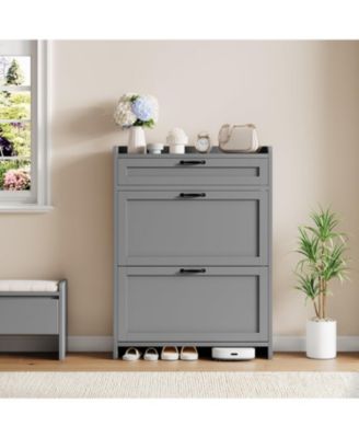 Shoe Cabinet with 2 Flip Drawers & 1 Top Drawer, Wooden Shoe Storage Organizer, Adjustable Shelves, Hidden Cabinet for Hallway or Living Room