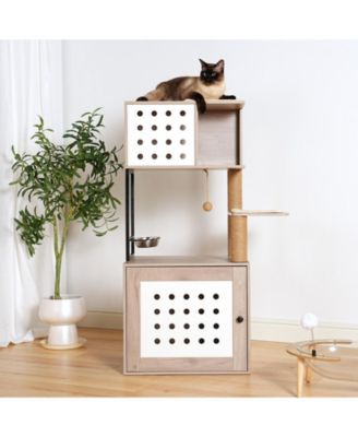 All-in-One Cat Tree with Litter Box Enclosure, Hammock, Bed, Feeding Station, and Scratching Posts