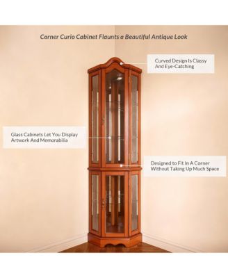 Antique-Style Corner Curio Cabinet with Adjustable Shelves and Light