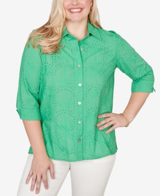 Women's Resort Living Eyelet Palm Tree Button-Front Top