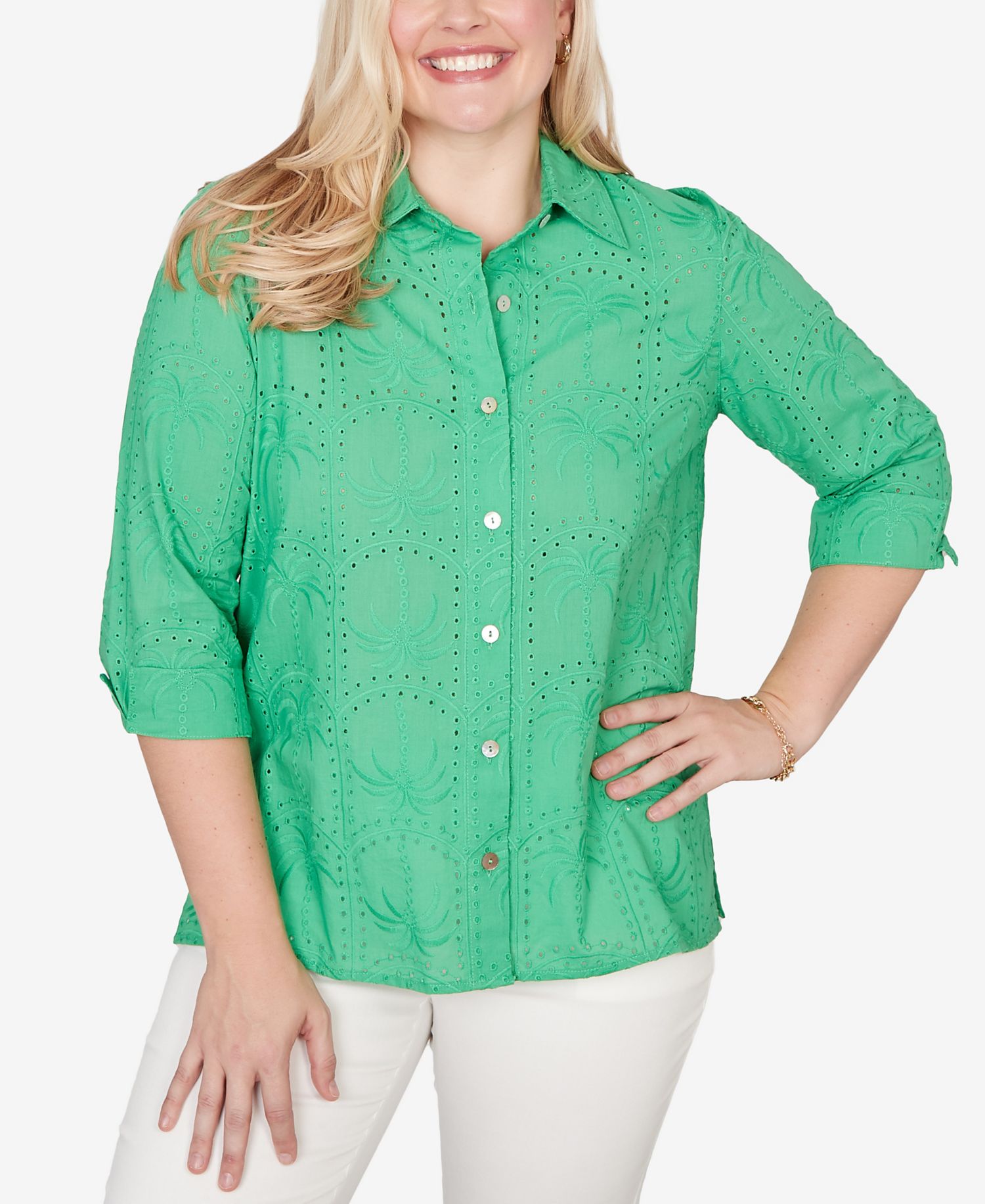 Women's Resort Living Eyelet Palm Tree Button-Front Top
