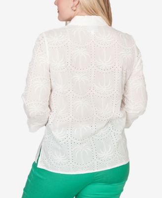 Women's Resort Living Eyelet Palm Tree Button-Front Top