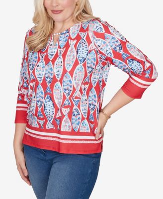 Women's Port Side Mosaic Fish Split Beaded Neck Top