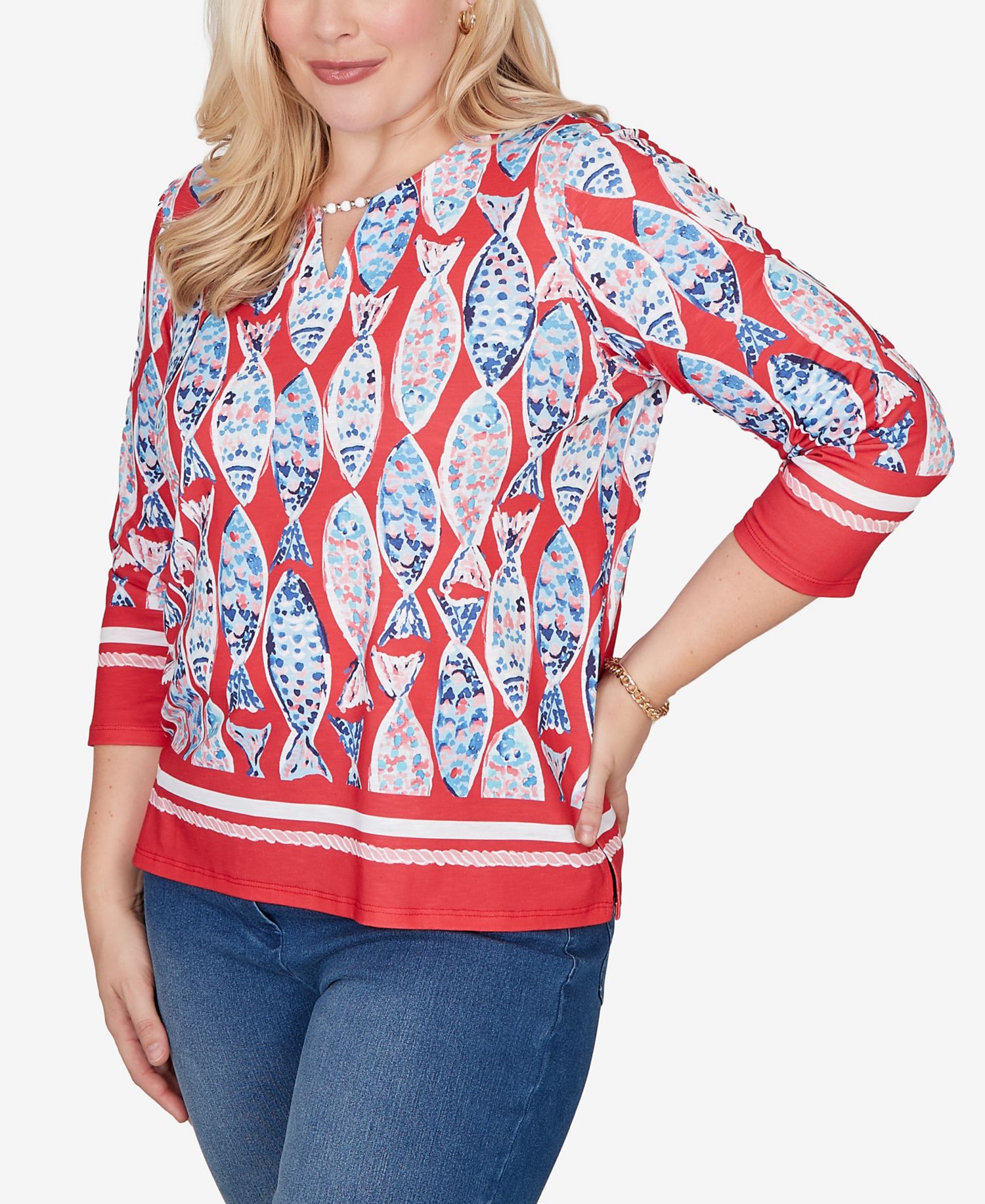 Women's Port Side Mosaic Fish Split Beaded Neck Top