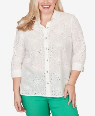 Women's Resort Living Eyelet Palm Tree Button-Front Top