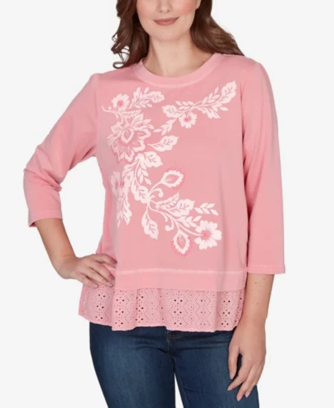 Petite Embroidered Terry Scoop Neck Top - Cotton Candy
