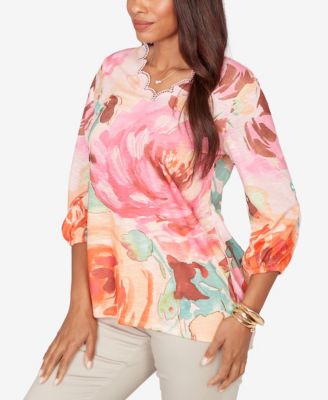 Petite Scalloped Neck Bold Floral Knit Top