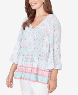 Petite Pleated Tapestry Print Bell Sleeve Top