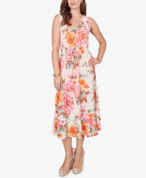 Petite Drawstring Waist Floral Linen Tiered Dress - Light Rose Multi