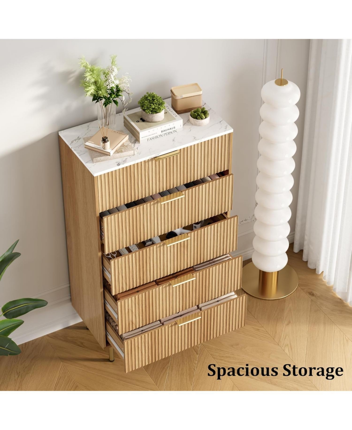 gaomon Fluted 5 Drawer Wooden Dresser with Faux Marble Top and Gold Handles for Bedroom, Living Room