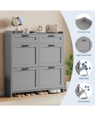 Shoe Cabinet with 4 Flip Drawers & 2 Top Drawers, Wooden Shoe Organizer Cabinet with Adjustable Shelf