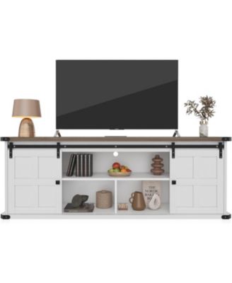 70" Farmhouse TV Stand for 75 Inch TVs, Wood Media Console with Sliding Barn Doors, Modern Entertainment Center for Living Room