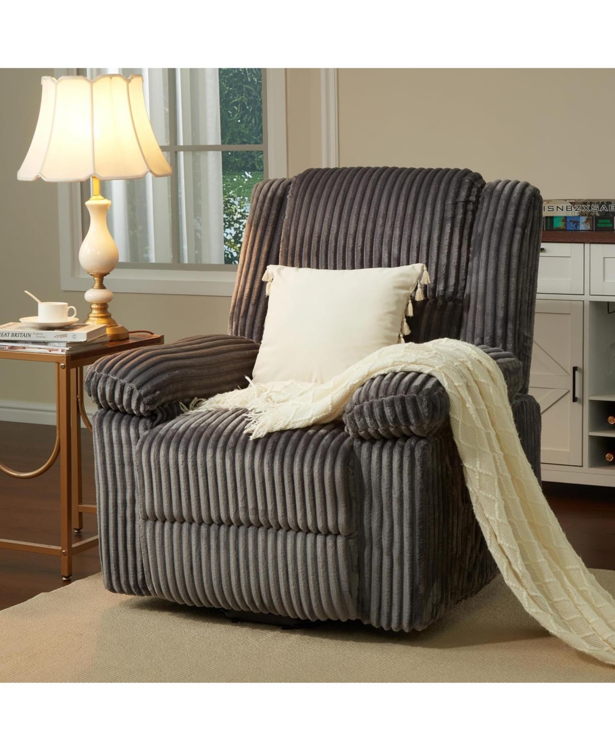 gaomon Corduroy Recliner Chair, Manual Recliner Sofa with Handle, Pillow Top Arms, Thick Padding, Side Pocket, 330Lbs Capacity