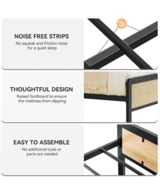 Rattan Queen Bed Frame with Cane Headboard, Boho Platform, Slat Support, No Box Spring, Easy Assembly