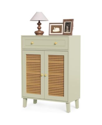 Mint Green Shoe Cabinet, 4-Tier Rattan Shoe Rack, Freestanding Shoe Storage Organizer with Adjustable Shelf and Drawer for Entryway, Hallway